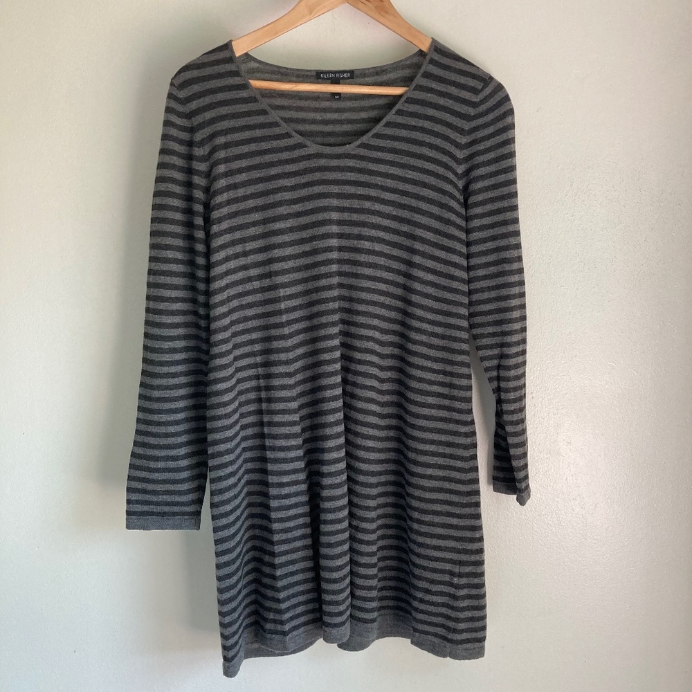 Eileen Fisher Charcoal and Gray Striped V-Neck Long Sleeve Dress